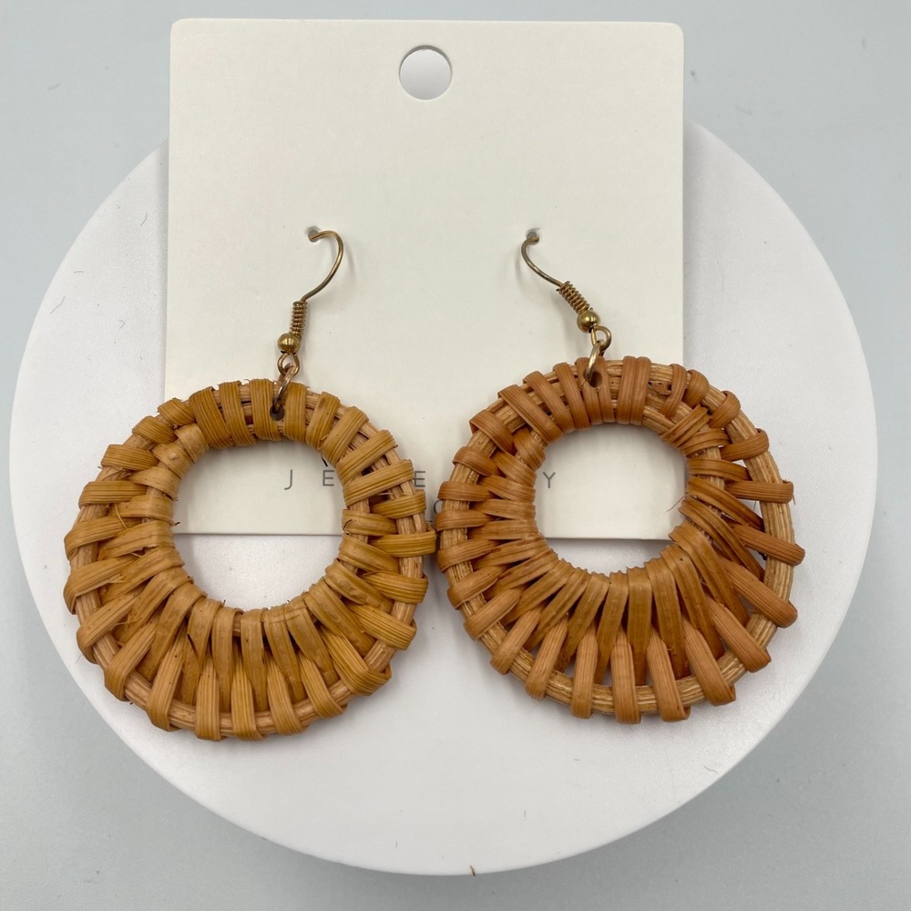 Vintage Boho Woven Rattan Straw Bamboo Open Hoop Large Statement Drop Earrings